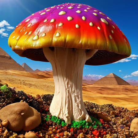 00057-635504216-masterpiece, intricate photo, mushroom with rainbow-colored cap, background enchanted mountainous desert in egypt, fantasy art,.jpg